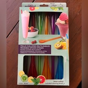 New in box Mastrad Reusable Smoothie Milkshake Spoon Straws, Set of 6